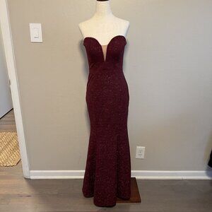 Xscape Maroon Sparkle Fitted Maxi Dress Plunging Size 4